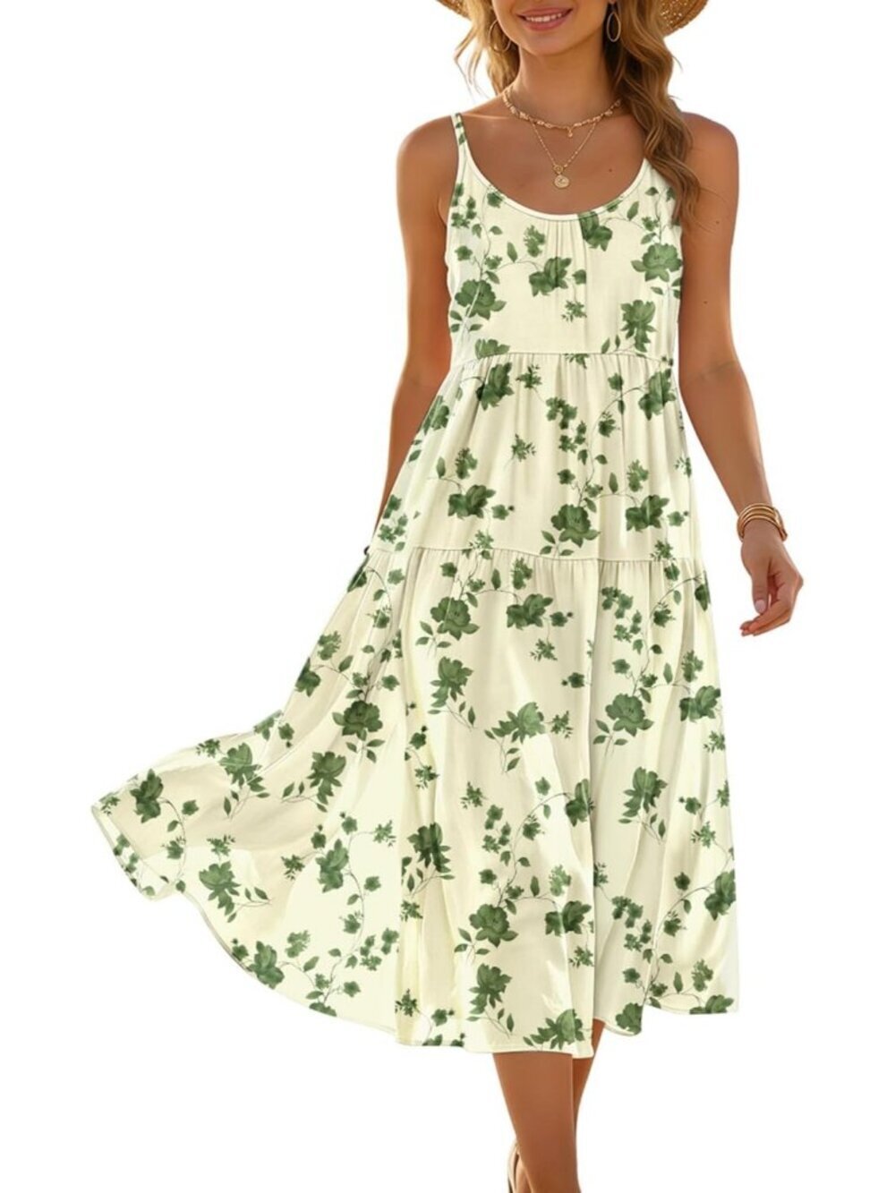 Women's Floral Green White Spaghetti Strap Sundress Boho Casual Flow Midi Dress